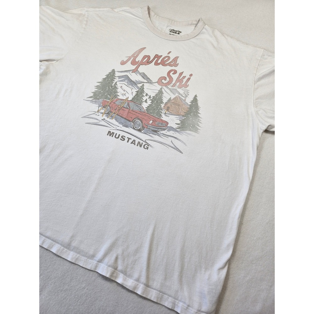 American Eagle Mens XXL Apres Ski Mustang Graphic T-Shirt White Vintage Style